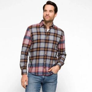 Johnnie O Shirt Mens Large Brown Plaid Flannel Hangin Out Kemper Laguna Blue B19